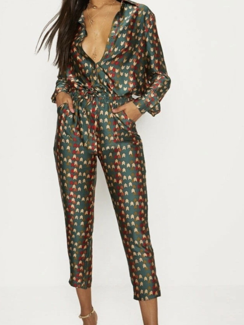 Stylish Green Patterned Satin Jumpsuit